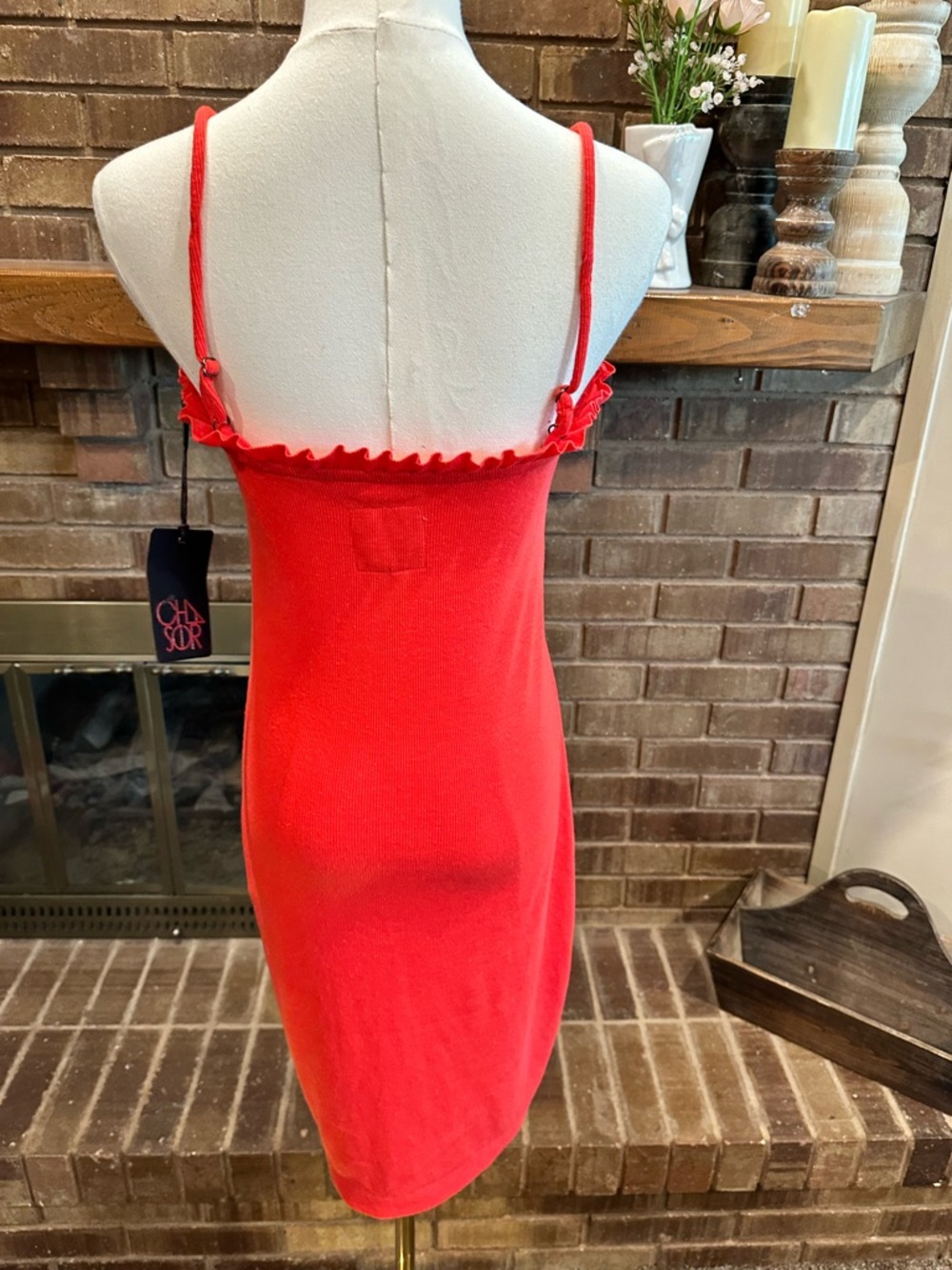 NWT Chaser Red Ribbed Ruffle Trim Cami Bodycon Mini Dress Size S - Picture 3 of 6